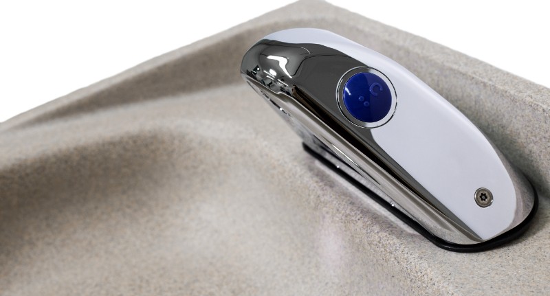 Ligature Resistant Metering Faucet - Side Angle Close Up (Brown Sink)