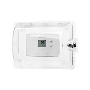 Ligature Resistant Thermostat/Universal Wall Cover showing thermostat with side angle