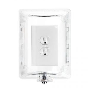 Ligature Resistant Thermostat/Universal Wall Cover covering an outlet