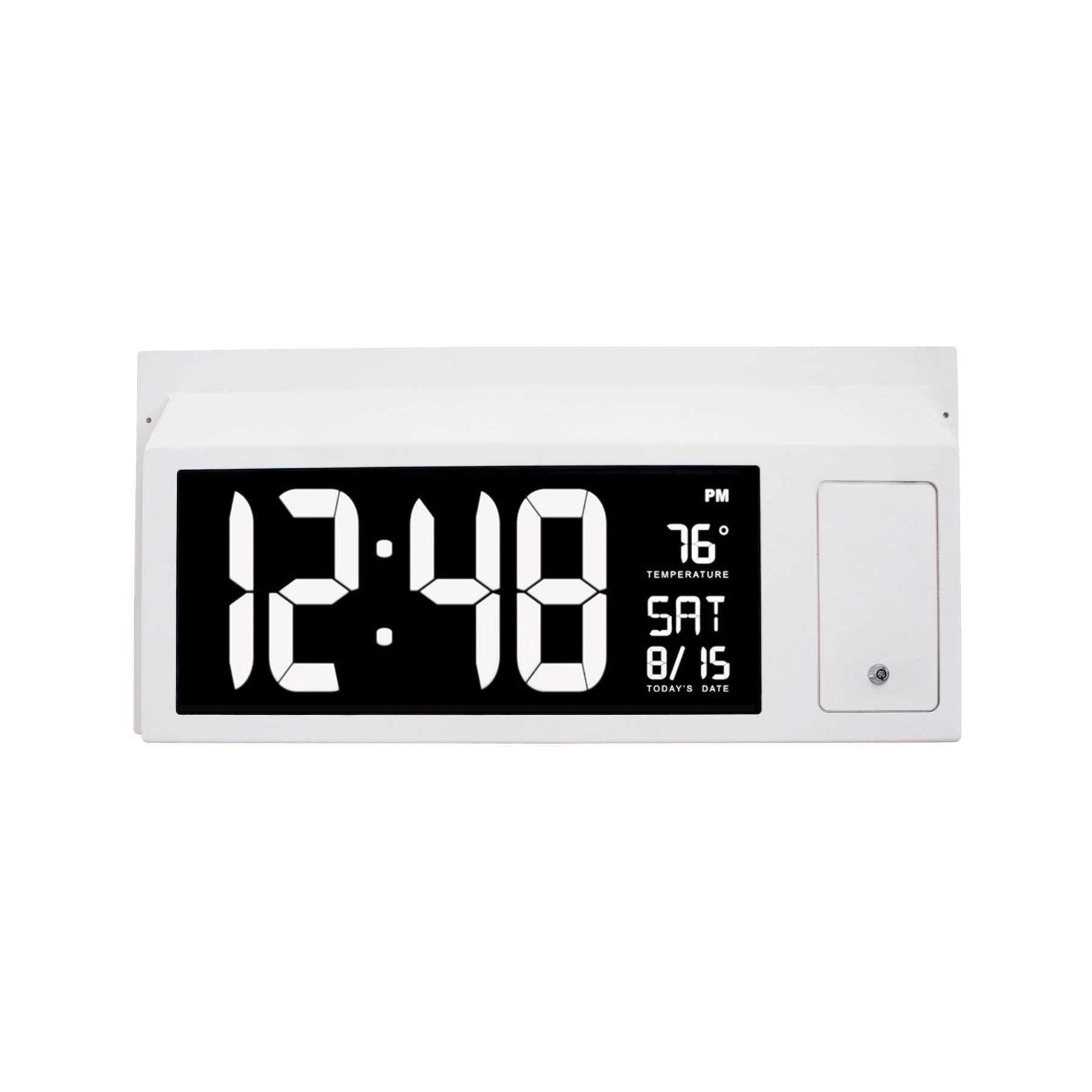 BSP-Ligature-Resistant-Safety-Clock-CL100-Front-View_Clock-On-3 Ligature-resistant safety clock, model CL100, designed for secure use in behavioral healthcare environments. The clock has a sleek, tamper-resistant frame with a sloped surface to reduce ligature risks, crafted from durable materials for enhanced safety and resilience. Large, easy-to-read numbers and a clear display ensure visibility, while securely mounted components prevent unauthorized access. Suitable for patient rooms, public areas, and other secure facilities.