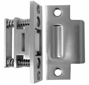 Stainless Steel Roller Latch (2-3/4″ Strike), Model #DH490. This latch is crafted from durable stainless steel, featuring a compact design suited for secure door closure applications in behavioral healthcare settings. The 2-3/4-inch strike plate ensures compatibility with various door frames, combining security and ease of use.